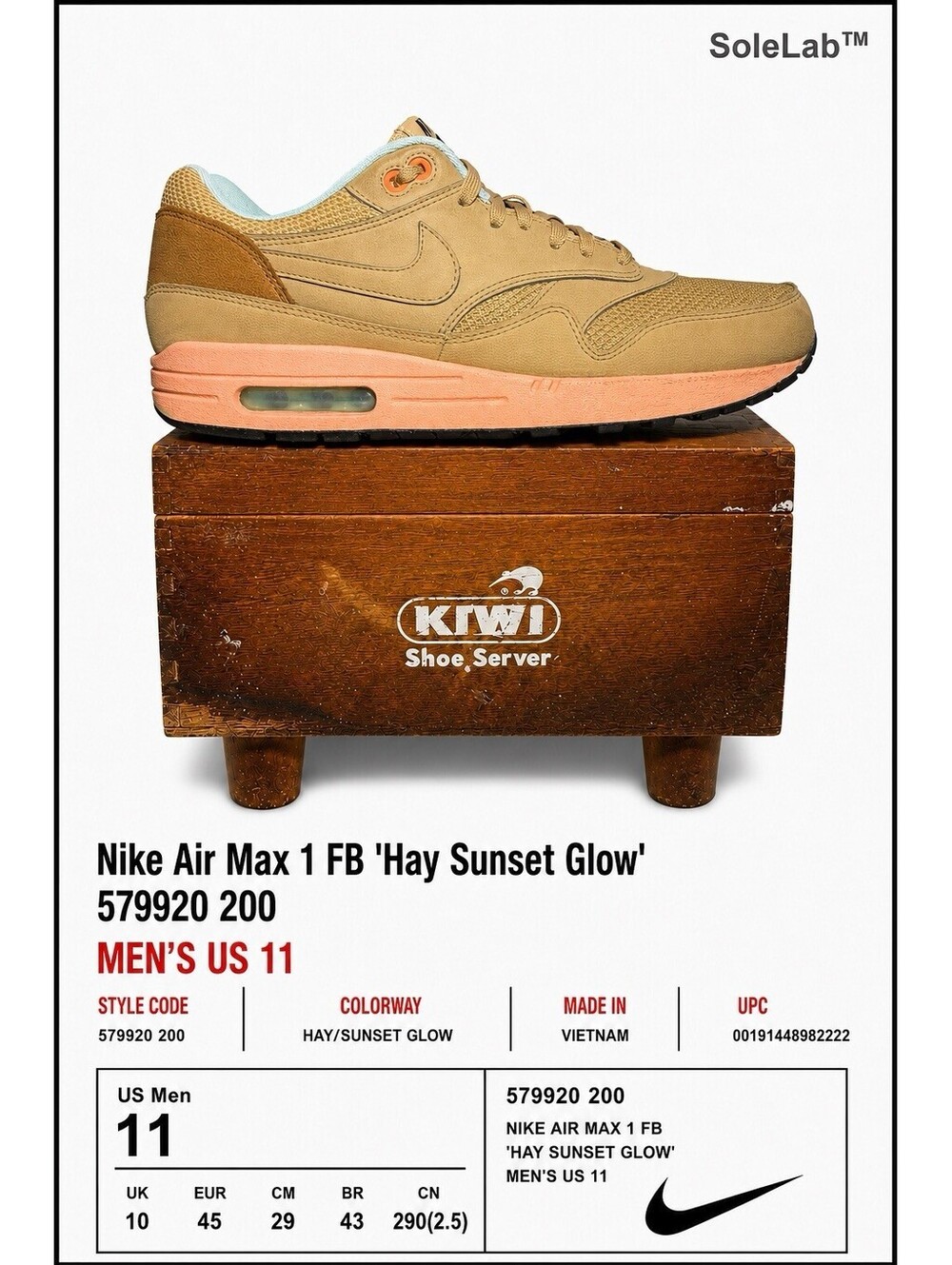 Nike Air Max 1 FB Hay Sunset Glow 579920-200 Men’s Size 11 Tan Peach 2015 Rare